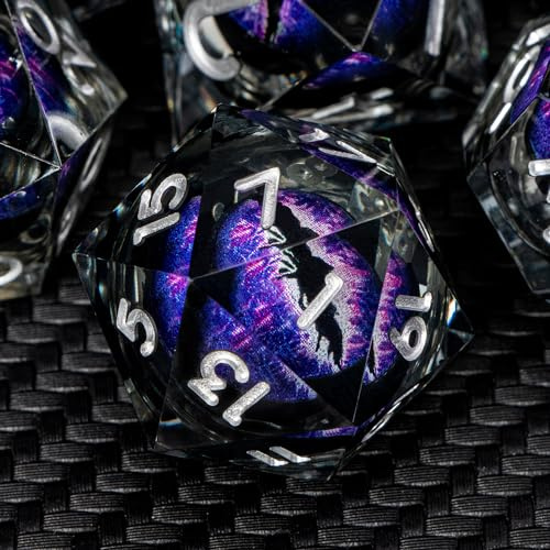 ARUOHHA DND Resin Dice Dragons Eye Dice Liquid Core Purple Sharp Edged Dice Set with Gift Box, Dungeons Polyhedral D and D Dice Set Compatible with D&D Role Playing Game D20 D12 D10 D8 D6