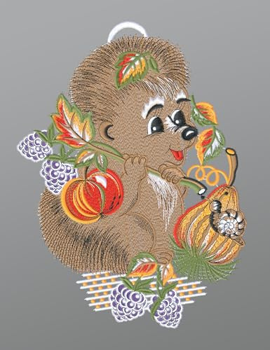 Plauener Spitze Fensterbild Igel mit Brombeeren und Schnecke (Bx H) 21cm * 28cm Mehrfarbig Fensterdekoration Fensterschmuck