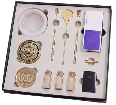 SchAan kit brûleur encens Chinois Coffret Cadeau Traditionnel Chinois de brûleur d'encens de Jade avec la Poudre d'encens, Outils d'édition en Laiton