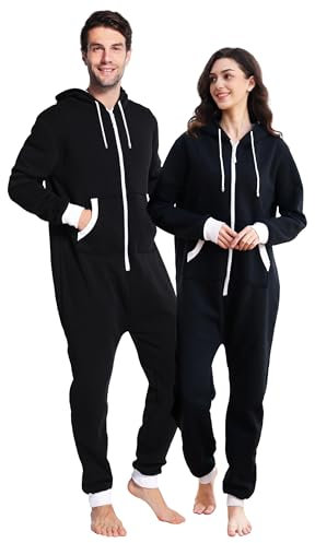 dressfan Unisex Erwachsene Pyjama Schlafanzüge Kapuze Schwarz Onesie Nachtwäsche Thermo Jumpsuit Weihnachten Pyjama für Familie Paare Teenager,L