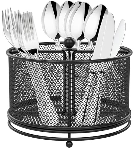 360°Rotating Utensil Caddy Kitchen Utensil Holder 6.7×6.7×5.1 Inch Metal Utensil Organizer 4-Compartment Metal Utensil Caddy Rotatable Cutlery Holder Multifunctional Flatware Organizer for Home