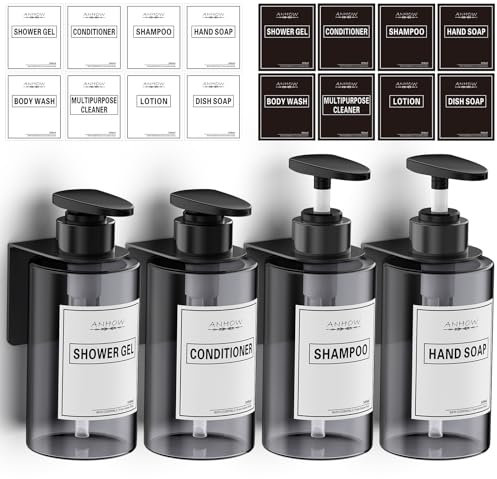 Anhow 4 Pezzi Dispenser Sapone Bagno, 300ml Dispenser Sapone Muro di Liquido per Bagno Doccia Cucina Shampoo Balsamo Bagnoschiuma - Grigio