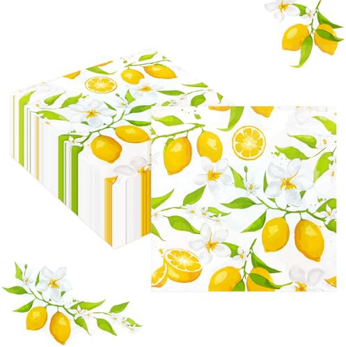 LYLIDIA 100 Stück Servietten Zitronen Papierservietten 33x33 cm Servietten Sommer fur Hochzeit, Taufe, Geburtstag, Konfirmation, Party Tischdeko