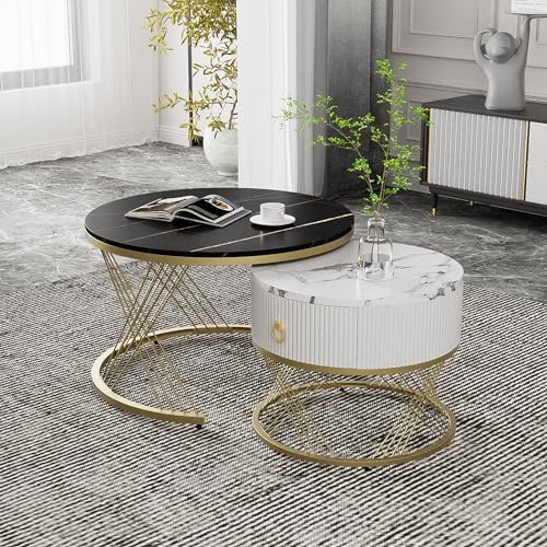 BTM Lot de 2 Tables Basses gigognes, Table Basse gigogne Ronde 70/50cm, Table Basse avec tiroir Blanc et des Accents dorés pour Salon, Chambre, Bureau, Appartement, Design Moderne Blanc&Noir