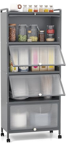 COSTWAY Rolling Kitchen Storage Cabinet, 5-Tier Tall Pantry Utility Shelf with Flip-up Doors & Lockable Wheels, Freestanding Bakers Rack Microwave Stand for Living Dining Room, 60 x 32 x 154cm (Grey)