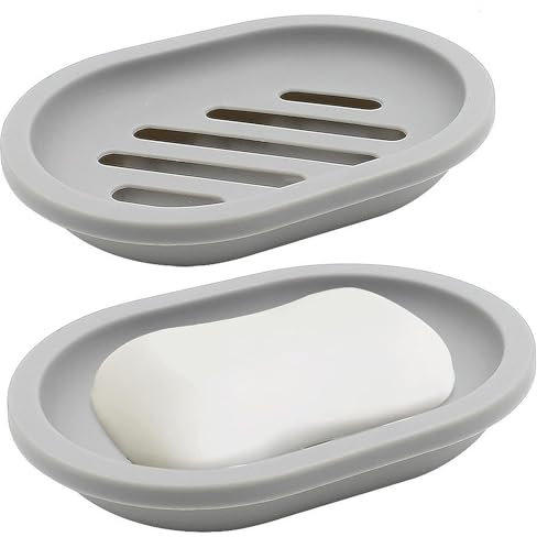 AstraLoom 2er-Pack doppelschichtige Seifenschale, Kunststoff Seifenschale,selbstentleerend & antihaftbeschichtet - für Bad/Küche/Schwamm (Grau)