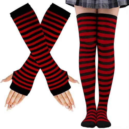 LUKIUP KniestrüMpfe Schwarz-rote Anzug, Hohe Elastizität Gestreifte Warme Fingerlose Handschuhe Kniehohe Socken Set, Mädchen Damen Extra Lange Socken für Halloween Cosplay Gestreifte Lange Socken