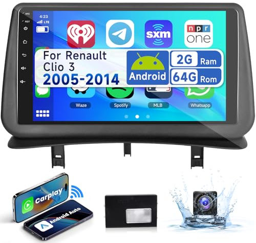2G&64G Podofo 9'' Autoradio 2 Din per Renault Clio 3 2005-2014 Wireless Carplay Android Auto,Radio 2 Din con Bluetooth Wifi GPS HIFI RDS/FM +AHD Back up Camera/Canbus