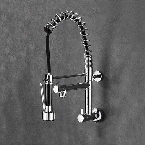 ZYCDP Rubinetto Cucina a Muro Solo acqua Fredda con Molla, Rubinetto Lavello Cucina con Doccetta Estraibile Miscelatore Cucina Parete Ottone Cromo