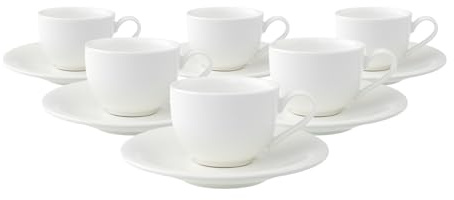Villeroy & Boch New Cottage Basic Espressotassen mit Untertassen 6er Set, 80 ml, Tassen-Untertassen-Set für 6 Personen, Elegantes Geschirr-Set, Premium Porzellan, Weiß