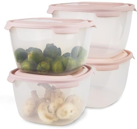PROFUN Juego de cuencos grandes con tapa, cuenco de plástico, recipientes herméticos, utensilios para microondas, recipientes apilables, 4 botes de 2,8 L, color rosa