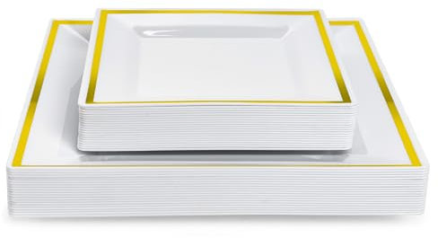 MATANA 40 Premium White Square Plastic Plates with Gold Rim - 20 25cm Dinner Plates, 20 16.5cm Side Plates - Elegant & Reusable Party Plates for Weddings, Birthdays, BBQ, Parties