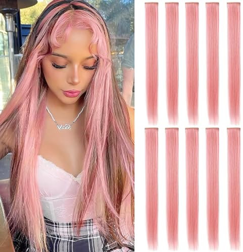 MOSCSMDY 10 Stück Haarverlängerungen Perücke Stücke Clip in farbigen Haarverlängerungen für Erwachsene Bunte Haarteile Party Highlights Mehrere Farben(Rosa rauchen)