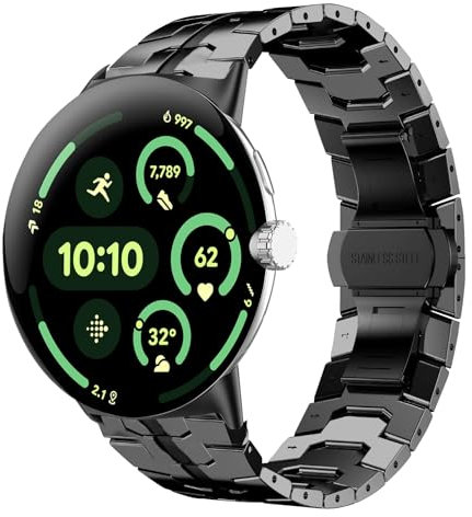 HinZann Uhrenarmband Kompatibel mit Google Pixel Watch 3 45mm, Metall Edelstahl Armband, Wasserdicht, Faltschließe, Damen Herren Ersatzarmband für Google Pixel Watch 3 45mm - Schwarz