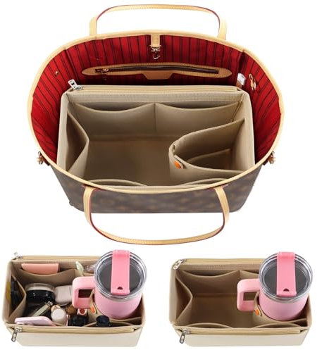Tote Bag Purse Organizer Insert Pouches Fit for Neverful MM GM, Beige Handbag Organizer with Water Bottle Holder Compatible with Stanley Cup, Purse Accessories Must Haves Gifts for Women Large