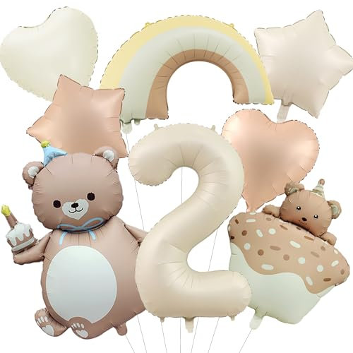 Bär Deko 2. Geburtstag Junge Mädchen - 8 Stück 2 Jahr Geburtstagsdeko Luftballons Beige Bären Folienballon, Riesen Zahlenballon und Herz Stern Ballons für Kindergeburtstag Dekoration