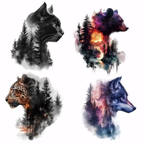 SUPERDANT 4 Stück Bügelbilder Wärmeübertragung Patches Mit Tiermotiven Waldmotiven Bär Katze Bügelbilder Gepard Wolf Transferpapier zum Aufbügeln Erdbeer Kirsch Aufbügler Für Kleidung T Shirts Jeans