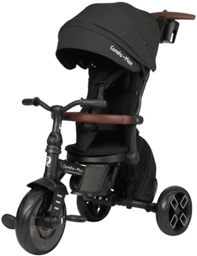 Qplay Comfo Max Evolutionäres Dreirad, 6-in-1, Schwarz, Dreirad für Babys, 1 Jahr, faltbar, aus Aluminium, mit 360°-Sitz, neigbar und Verdeck, für Babys von 10 bis 72 Monaten, Schwarz