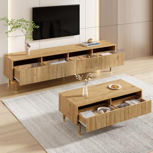 Ligterra Wohnzimmermöbel-Set, TV-Schrank mit 4 Türen & Couchtisch mit 2 Schubladen–Holzfarben-Gold Design, LED-Beleuchtung, Wellenstruktur & Acrylfront, Stauraum (Holzfarbe)