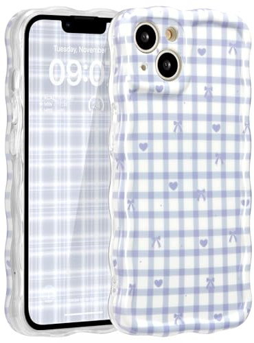 ZCDAYE for iPhone 14 Case Wavy Edge Phone Case Blue Checks | Cute Pretty Aethetic Pattern Printed Women Girly Cases, Full Camera Protection, Comfy Soft Phone Cover for iPhone 14
