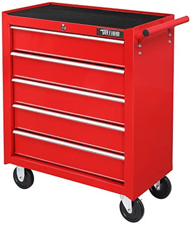 Bonnlo 5 Drawer Rolling Tool Chest w/Drawers & Lock, Tool Storage Cabinet | Lockable Wheels, Detachable Top, Mechanic Tool Organizer Box for Garage, Workshop, Warehouse & Repair Shop, Red