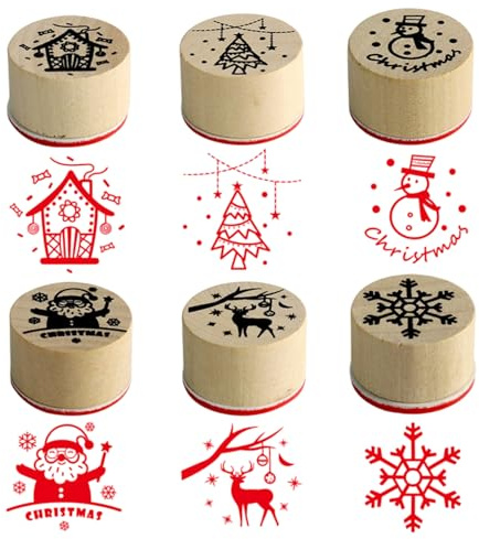 KLINNA 6 Stück Weihnachten Stempel Holz Set, Schneeflocke Stempel, Rundes Holzstempelset als Klein Motivstempel für Kinder, Ideal zum Basteln von Karten, Scrapbooking und Geschenkpapier