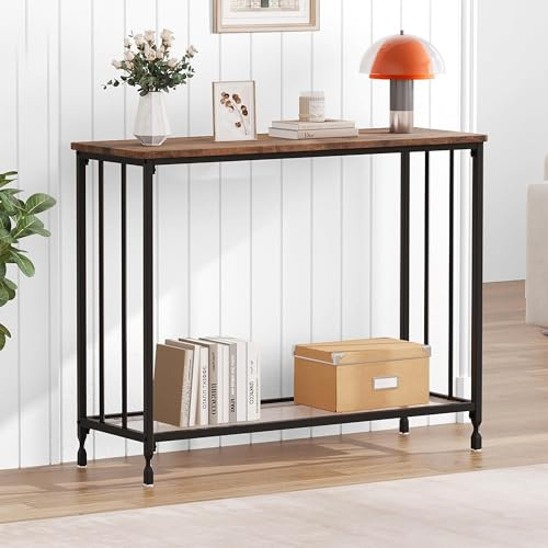 GarveeHome Table console étroite 85 cm - Petite table d'entrée avec plateau en verre et cadre en métal - Longue table basse derrière le canapé - Table de couloir de style industriel - Marron rustique