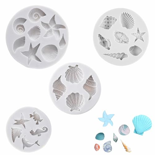 Set di 4 Stampi in Silicone a Tema Marino 3D Animale Oceano Silicone | Stampo a forma di squalo,caramelle,conchiglie stampi in silicone a tema oceano per Decorare Torte Caramelle Cioccolato