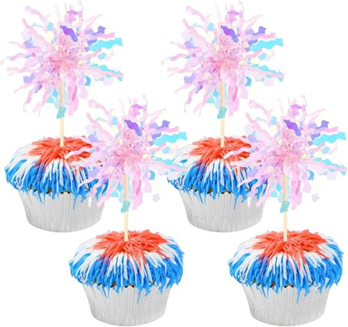 SYKYCTCY 30 Pack Foil Firework Cupcake Toppers Sparkle Tinsel Cake Toppers Tinsel Drink Cake Decoration Cocktail Picks for Birthday Wedding Graduation Party Supplies