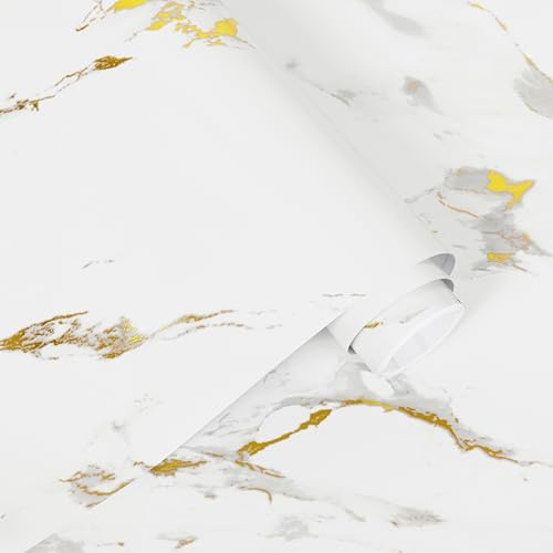 Alened Sticky Back Plastic Vinyl Wrap Self Adhesive Marble 40x300cm | White Gold Marble Peel and Stick Waterproof Removable Vinyl Film for Kitchen Cupboard Furniture Walls