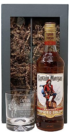 Regalo Personalised Captain Morgan Spiced Rum Gift Set with Engraved Dimple Tumbler Glass – Custom Name & Message Pirate Design – 35% ABV, 70cl (Grey Presentation Gift Box)
