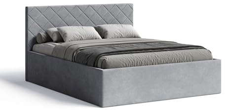 Meblofun Polsterbett Matelasse mit Kopfteil, 160x200 cm, Doppelbett mit Bettkasten und Lattenrost aus Holz, Velourstoff, Farbe: Grau