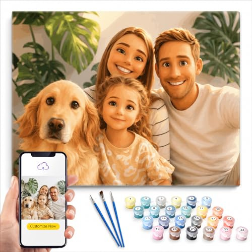 KURUMi Anime-Stil personalisiertes Malen nach Zahlen vom eigenen Foto | Individuell nach Familien-, Kinder- oder Haustierfoto; Anime-Look; Leinwand, 36 Acrylfarben & 3 Pinsel; für Anfänger