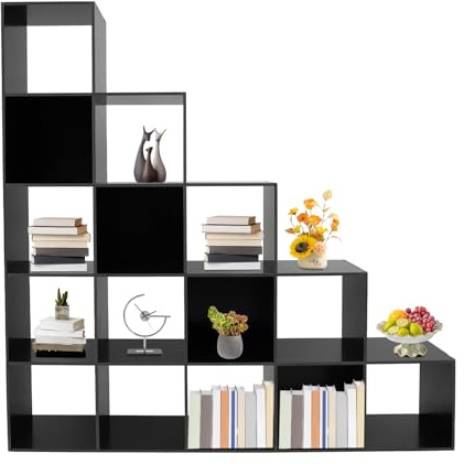 PurpleMinder Étagère en escalier avec 15 Compartiments Ouverts Bibliothèque à 5 Niveaux Étagère en L Séparateur d'espace Étagère de Rangement en PVC pour Salon ou Bureau Noir 146 x 28 x 146 cm