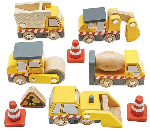 Le Toy Van - Cars & Construction Wooden Construction Vehicles Pretend Play Play Set With Lifting Crane, Scoop, Roller, Digger, Tip-up Truck and Cones Builder Toy | Pretend Play Toy Suitable For Age 3+