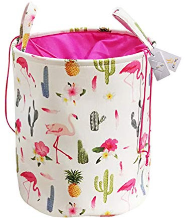 Znvmi Panier à Linge Pliable Grand Bac de Rangement en Coton Cylindrique Corbeille de Stockage pour Maison, Jouets de Enfant, Vêtement - Motif Flamant Rose
