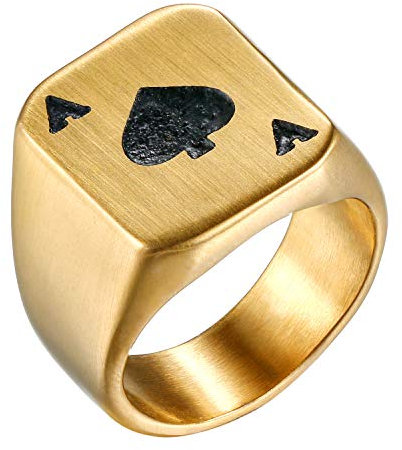 Flongo Herrenring Männer Ring Daumenring, Edelstahl Ring Bandring Siegel Ringe Biker Gold Spielkarte Pik A Spades A Poker Karten Herren-Accessoires Größe 57