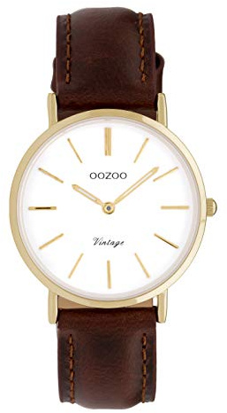 Oozoo Vintage Damenuhr Lederband 32 MM Goldfarben/Weiss/Dunkelbraun C9836