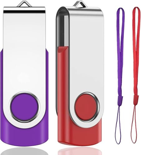 Eastbull USB-2.0-Stick mit Drehgelenk, 2 Stück, Flashlaufwerk, Speicherstick (unterschiedliche Farben mit Schlüsselband) Violett und Rot 64 GB