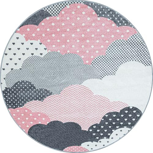 Carpetsale24 Kinderteppich Modern Wolken Design Pink und Grau 120 cm Rund - Kurzflor Teppich Kinderzimmer Waschbarer Spielteppich Babyteppich für Junge und Mädchen Extra Weich und Antiallergen Runder