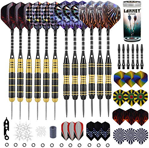 Steel Tip Darts Steel Tip Set Professional Darts, 24 Grams and 20 Grams Metal Tipped Dart with Aluminum Shafts and Brass Barrels, Extra Flights, Sharpener Tool Kit, Carrying Case, 12 Pack