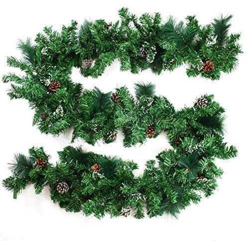 TRIXES Christmas Garland Decoration - 9 ft Snow Tipped with Pinecones - Artificial Pine Wreath - for Home Décor - Stair and Table Decoration - Natural Look Garland - for Indoor and Outdoor - Green
