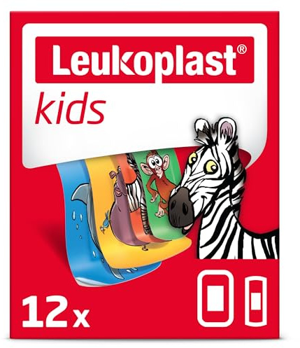 Leukoplast Kids First Aid Bandage, Zoo Animals, Assorted Sizes, Box of 12 | First-aid Plasters for Children with Animal Motifs, Non-Sterile Wound Dressing Strips with Skin-Friendly Adhesive