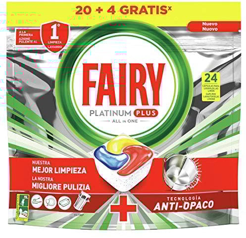 Fairy Platinum Plus Todo En Uno Limón Cápsulas De Lavavajillas, 24 Cápsulas, Nuestra Mejor Limpieza Que Deja Los Platos Como Nuevos, Elimina La Falta De Brillo Y Evita La Cal