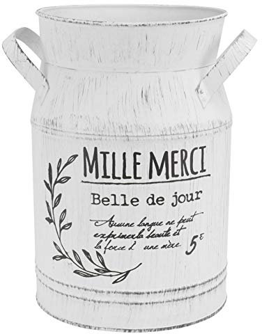 Fam Rustikale Shabby Chic Vase Metall Blumenvase Dekorative Vintage Rustikal Shabby Chic Vase Primitive Französische Eimer mit Griff (weiße Buchstaben Muster Größe L) Gartendeko