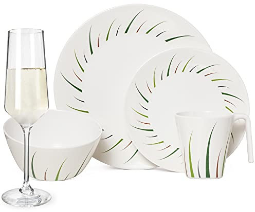 Vaisselle de camping en mélamine pour 4 personnes - Design citron vert - 16 pièces - Verres à champagne - Flûtes - Vaisselle de table - Pique-nique - BBQ