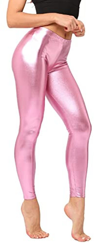 winying Damen Wetlook Hose Lack Leder Leggings Tights Stretch Hot Pants Hüfthose Clubwear Fasching Karneval Bein Stulpen Rosa Einheitsgröße