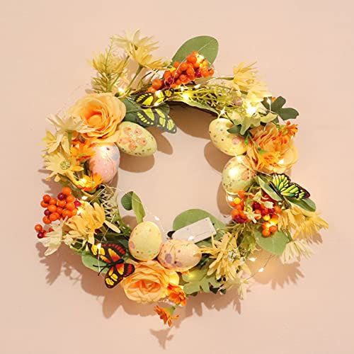 HJHIWE Oster-Chrysanthemen-Girlande, Frühlings-Osterei-Kranz mit künstlichen Blumen und grünen Blättern, Kranz für Zuhause, Haustür, Innen- und Außendekorationen