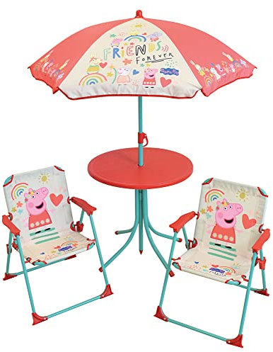 FUN HOUSE Peppa Pig - Salotto da Giardino per Bambini, con Tavolo H.46 x Ø46 cm, Due sedie H.53 x L.38,5 x P.37,5 cm e ombrellone H.125 x Ø 100 cm 713472, Multicolore