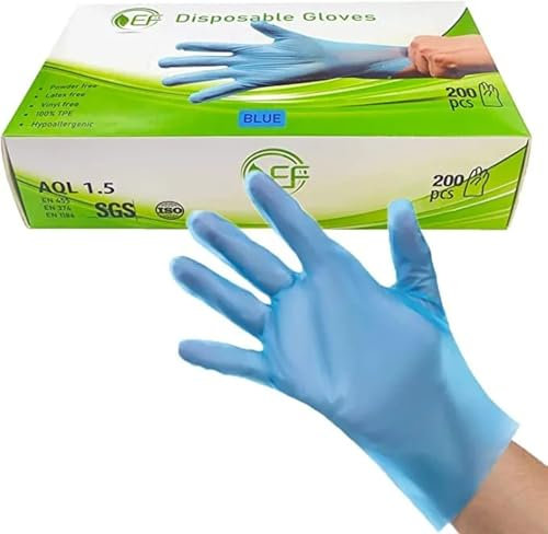 Disposable Blue TPE Gloves | Pk of 200 | Strong & Stretchable | 100% Recyclable | Powder, Vinyl, Latex Free | Food Grade Protective Gloves | Multi-Purpose | Cleaning & Household work (Medium)